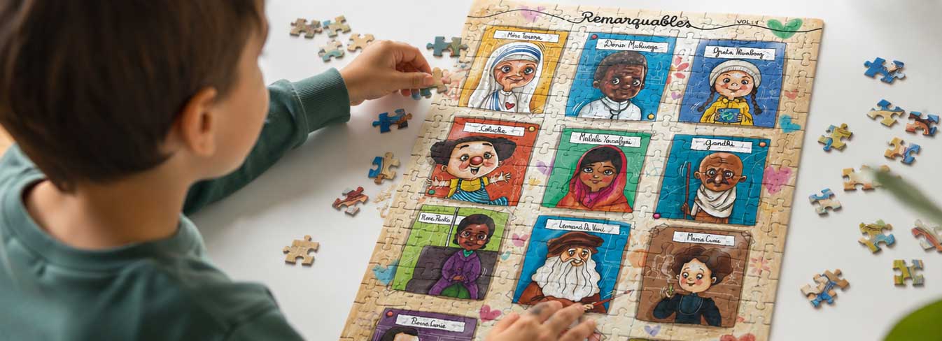 Enfant réalisant un puzzle illustré de 100 pièces fabriqué en France