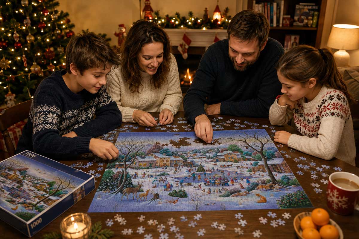une famille partage un bon moment comme une tradition en faisant ensemble un puzzle illustré de Noël