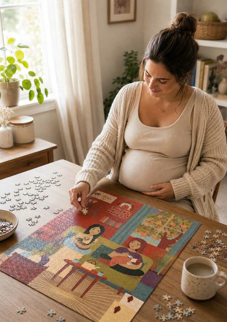 Future maman réalisant un puzzle illustré sur le thème de la maternité