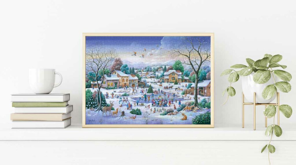 Puzzle de Noël 1000 pièces représentant un village enneigé et une chorale de Noël