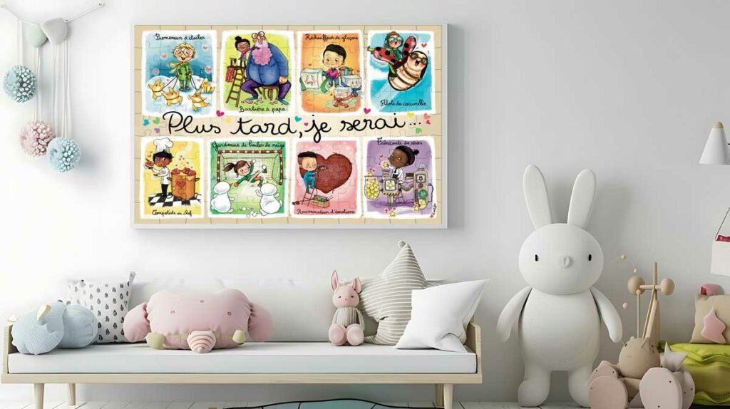 Les puzzle 100 pièces les métiers imaginaires est utilise en décoration sur un mur