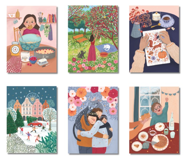 les 6 illustrations des puzzles petits bonheurs sont présentées en vignettes